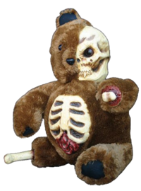 Cuddly dead bear corpse with gory latex skeleton Halloween