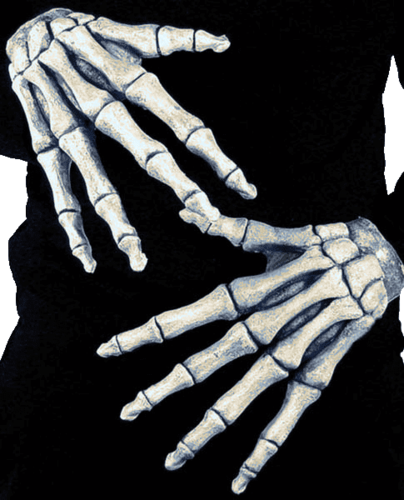 Esqueleto huesos segador manos guantes.